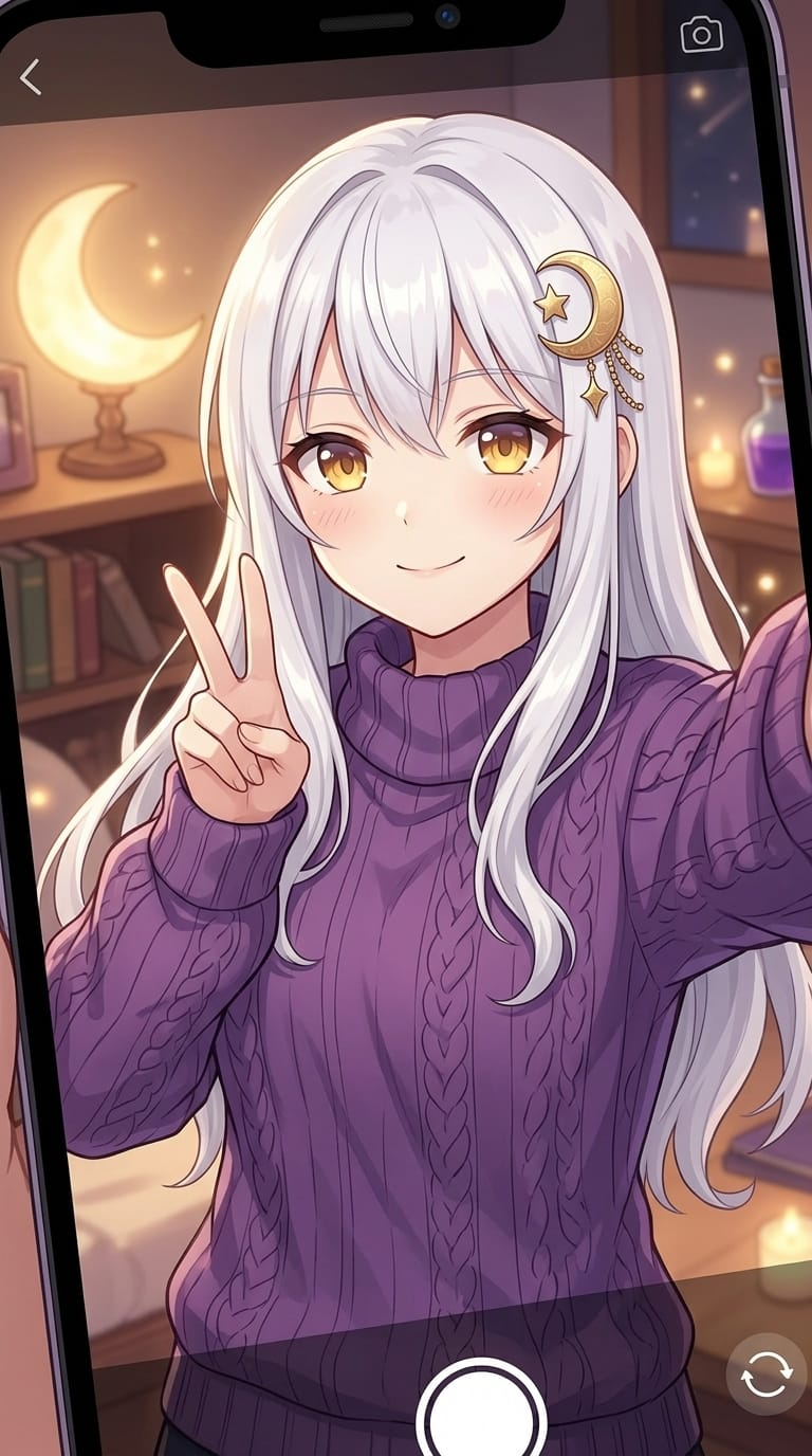 Reina Hatsuki — white hair, golden amber eyes, crescent hairpin